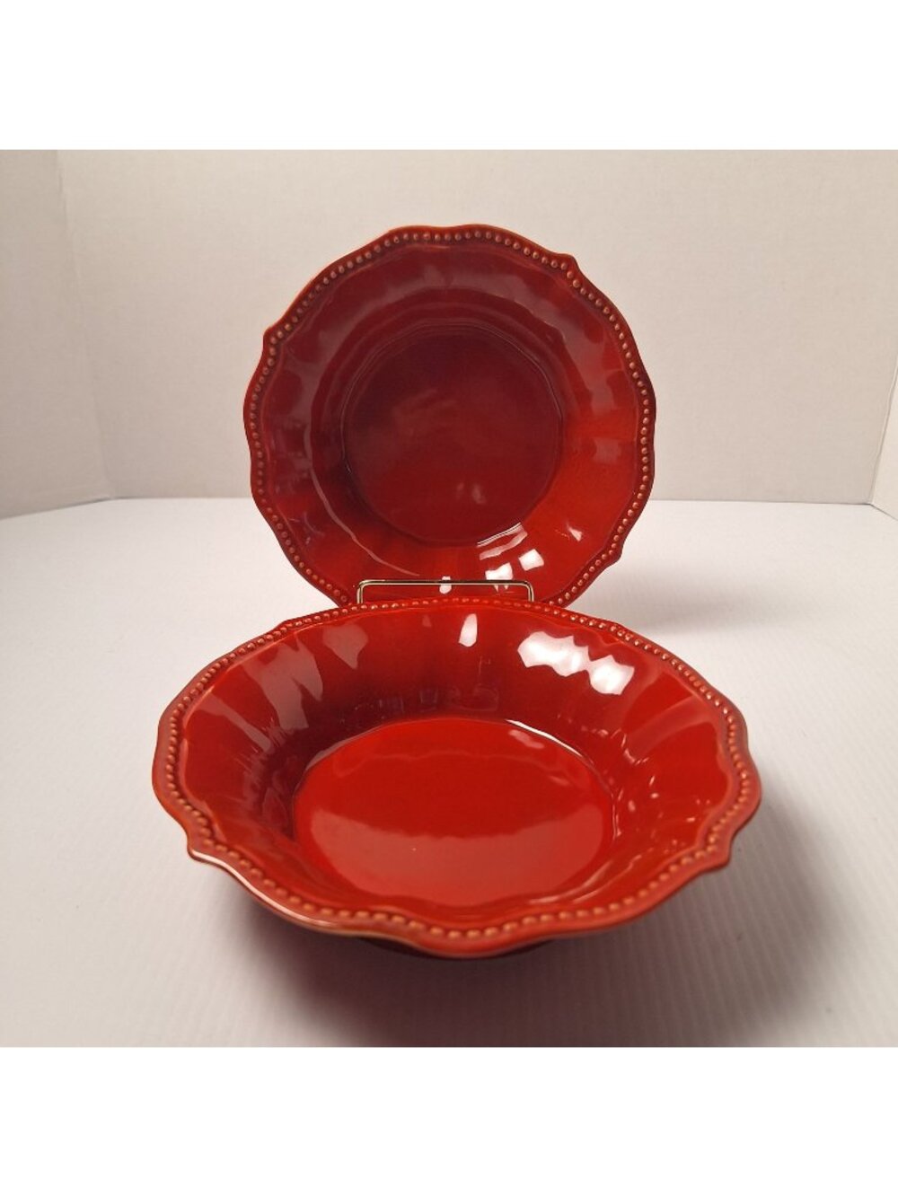 SET OF (2) PIONEER WOMAN "PAIGE RED" SOUP/CEREAL BOWL SCALLOPED AND BEADED RIM